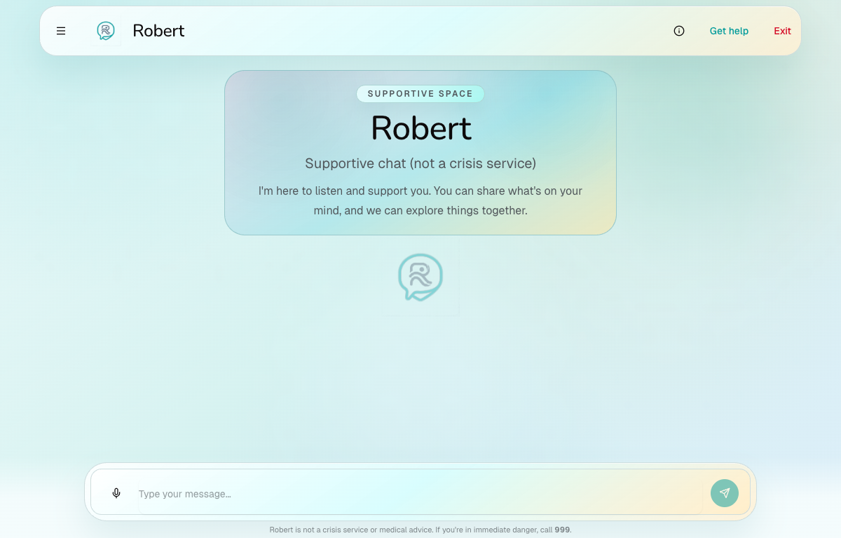 Robert live chat landing interface with safety boundary and help route